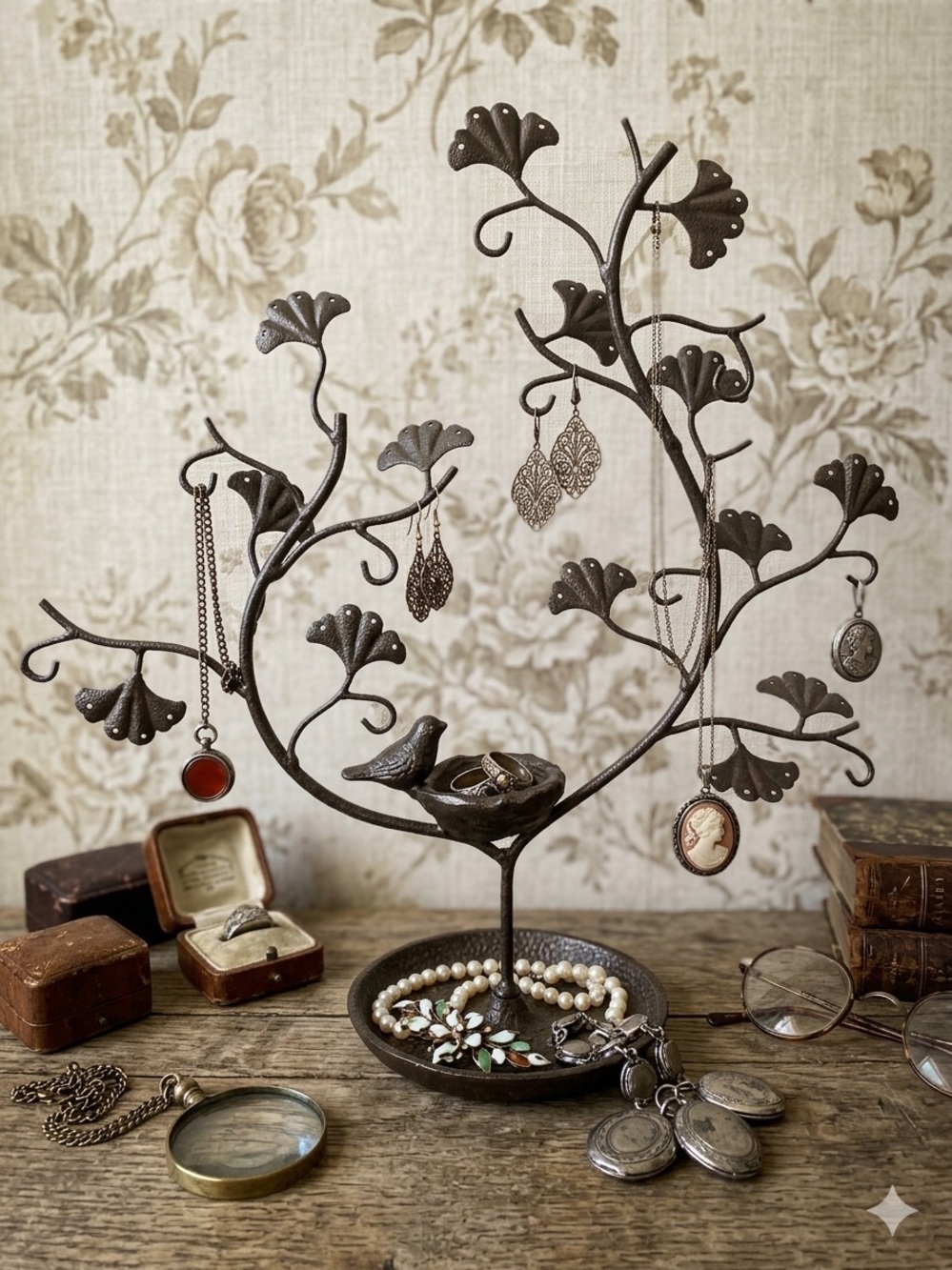 Bronze Cast Iron Ginkgo Leaf Jewelry Tree  Organizer with Bird Nest Trinket Dish